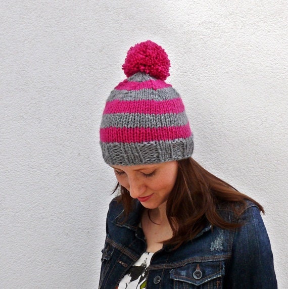 Pom Pom knit Winter Hat pink and grey stripes