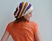 knit slouch beanie hat multicolore stripes pink blue yellow
