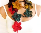 crochet multicolor Flower Lariat Scarf. Fashion Flower Scarves, Necklace...mustard green red brown