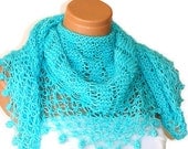 Hand knit silvery turquoise women shawl. Fashionable shawl. Personalized weave design. Stole, capelet, shawl for woman. February trends...