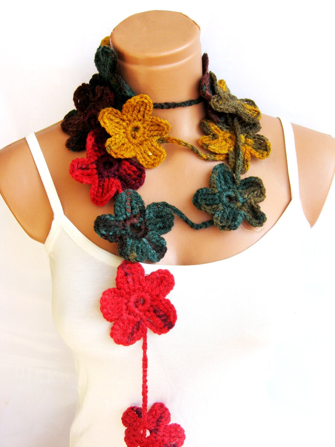 crochet multicolor Flower Lariat Scarf. Fashion Flower Scarves, Necklace...mustard green red brown