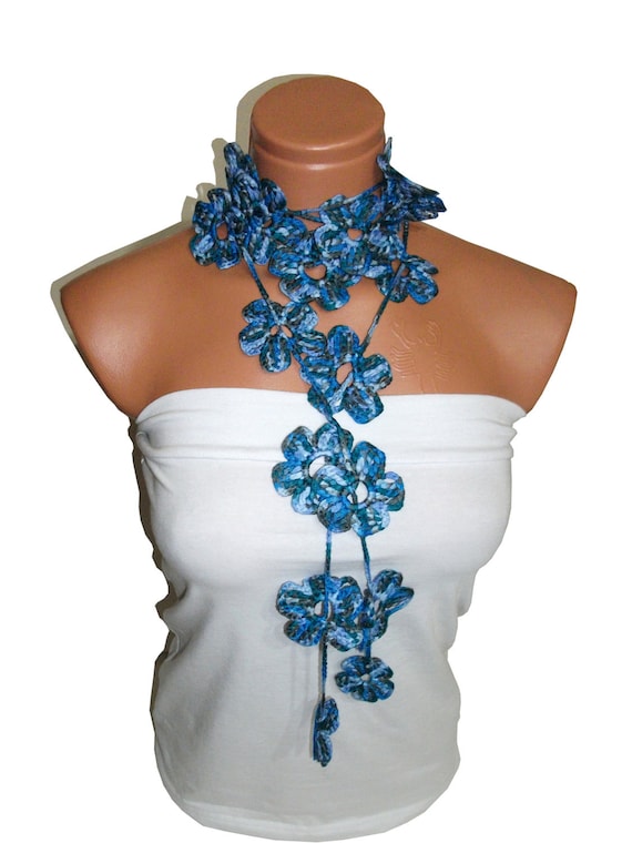 Handmade crochet Blue Lariat Scarf. Fashion Flower Scarves, Necklace...