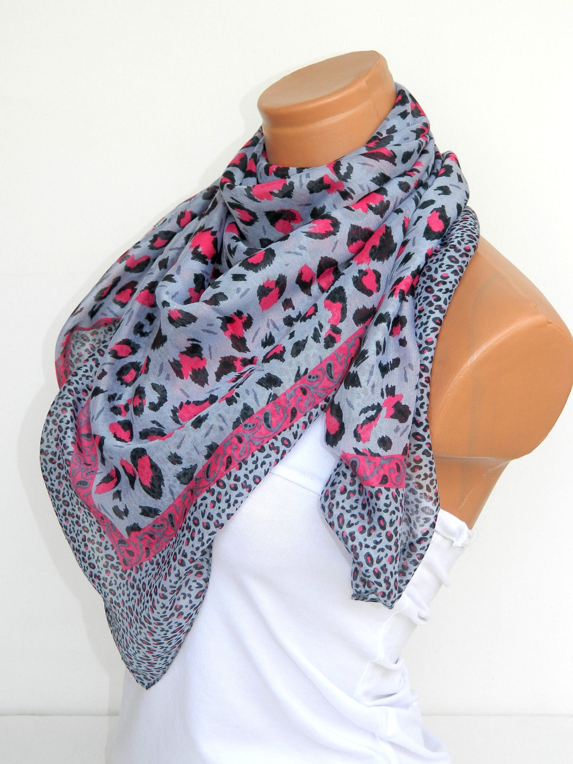 Gray Pink Multicolor leopard pattern Turkish Yemeni  Scarf ..bridal,scarf,authentic, romantic, elegant, fashion, personalized design...