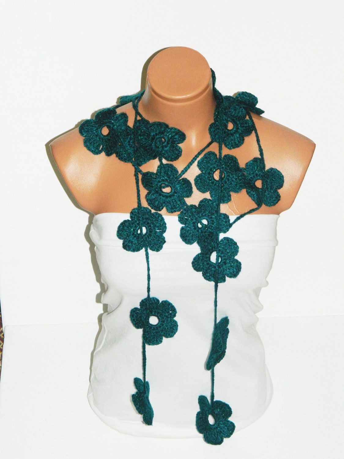 Hand made crochet oil blue Flower Lariat Scarf. Fashion Flower Scarves, Necklace...