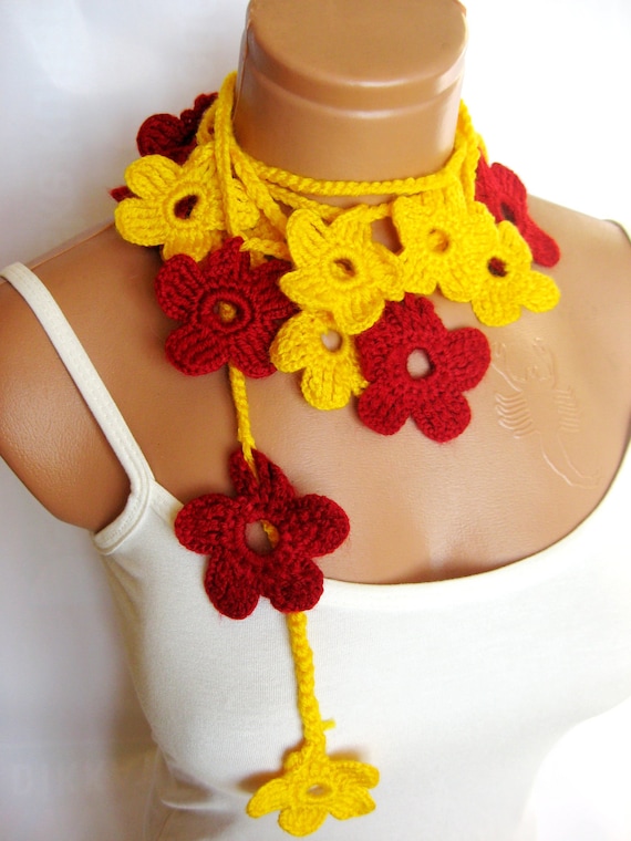 Yellow, Red, crochet Flower Scarves. Fashion Flower Scarves, Necklace...
