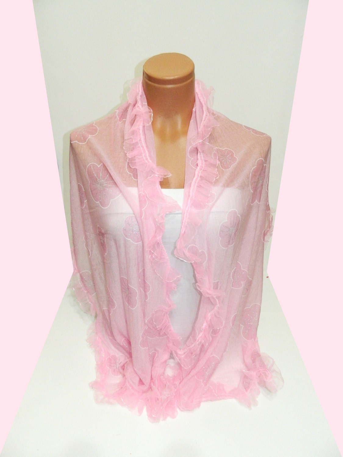 Women shawl, scarves. Pink Frilly, fancy flower pattern sim. wedding,bridal,authentic, romantic, elegant