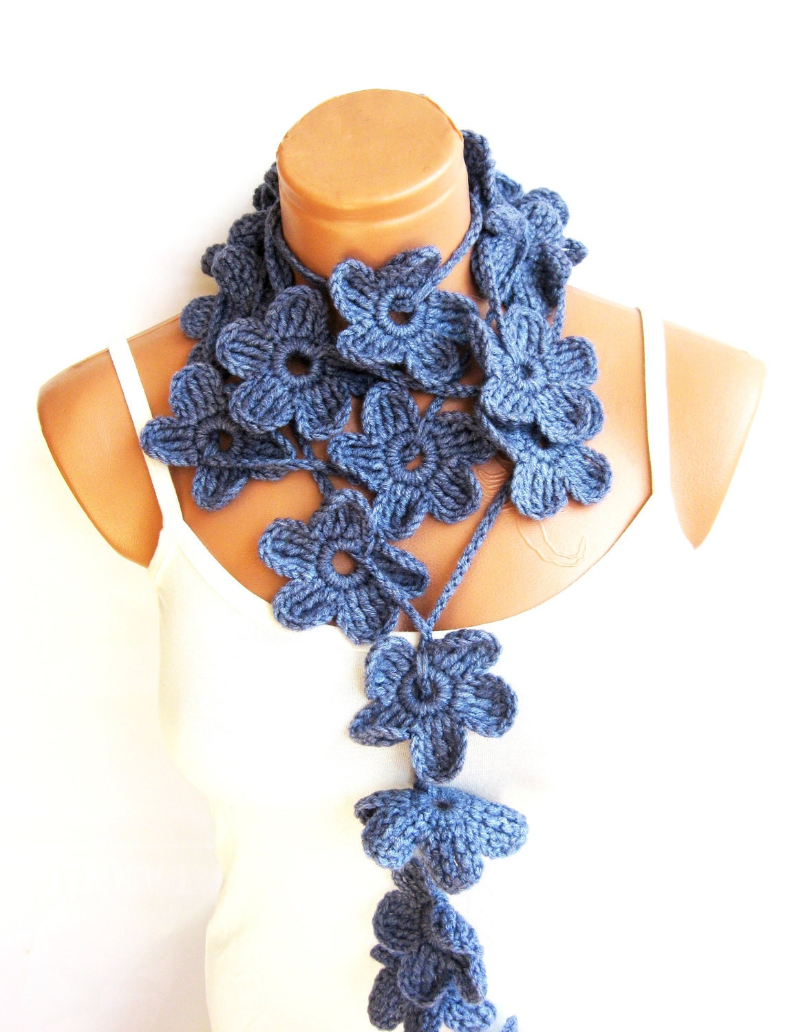 Pastel Blue Hand made crochet Flower Lariat Scarf. Fashion Flower Scarves, Necklace...