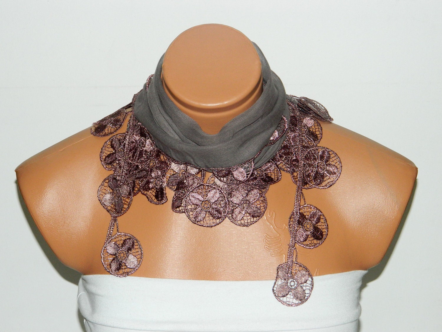 Personalized Design chocolate, beige Scarf. Turkish Fabric Fringed Guipure Scarf ..bandana,headband,wedding,bridal,authentic, romantic,