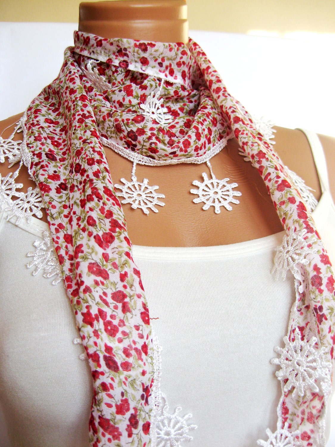 Red, White, Green, Scarf, Turkish Fabric Fringed Guipure Scarf ..bandana,headband,wedding,bridal,authentic, romantic,