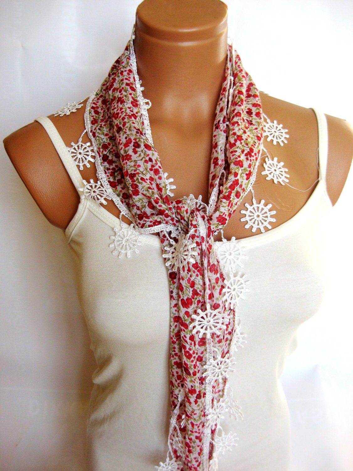 Red, White, Green, Scarf, Turkish Fabric Fringed Guipure Scarf ..bandana,headband,wedding,bridal,authentic, romantic,