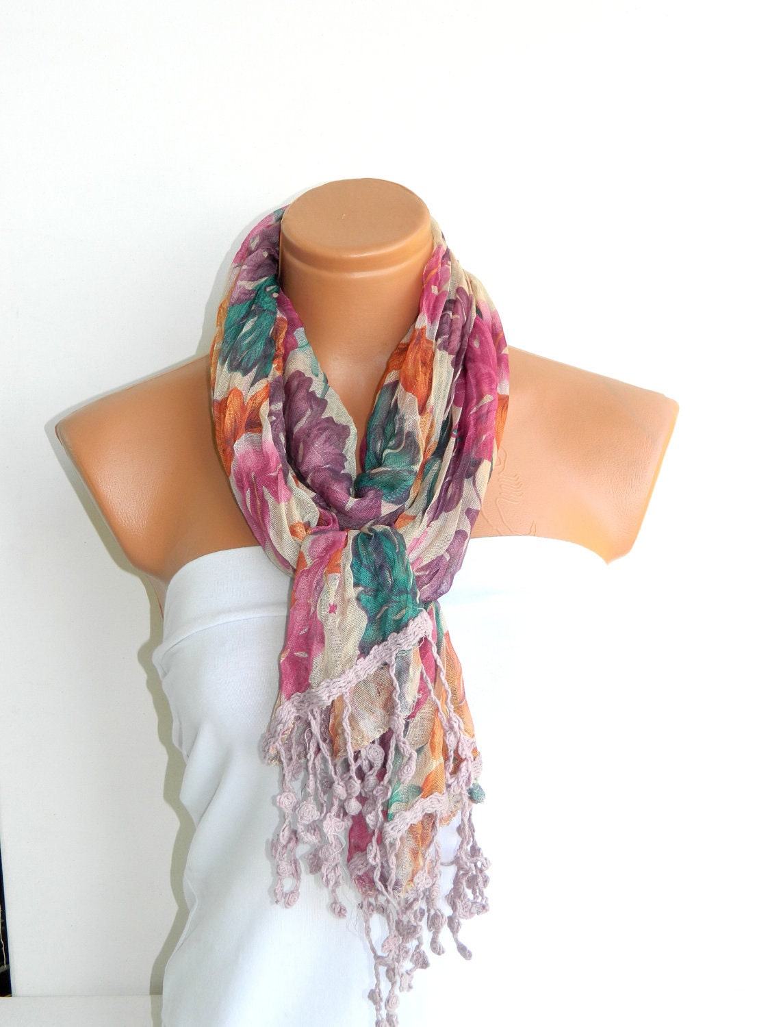Fabric scarves,Pink Purple Multicolor Scarf. Turkish Fabric Fringed Guipure Scarf.bandana,headband,bridal,authentic, romantic, elegant,