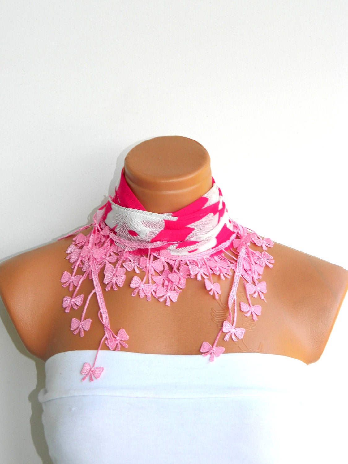 Fuchsia, White flower Scarf. Turkish Chiffon Fabric Fringed Guipure Scarf ..bandana,headband,wedding,bridal,authentic, romantic, elegant,