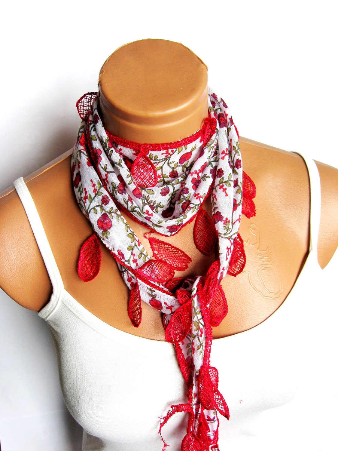 Woman scarves.. Red White Scarf. Turkish Fabric Fringed Guipure Scarf ..bandana,headband,wedding,bridal,authentic, romantic,
