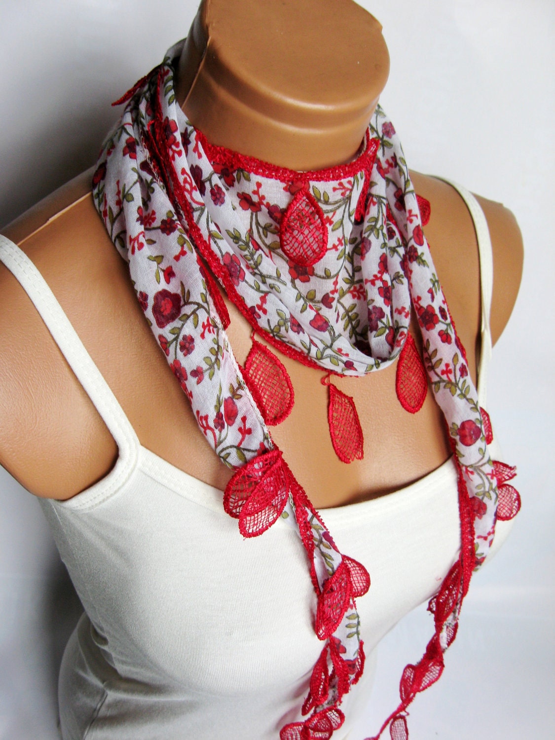 Woman scarves.. Red White Scarf. Turkish Fabric Fringed Guipure Scarf ..bandana,headband,wedding,bridal,authentic, romantic,