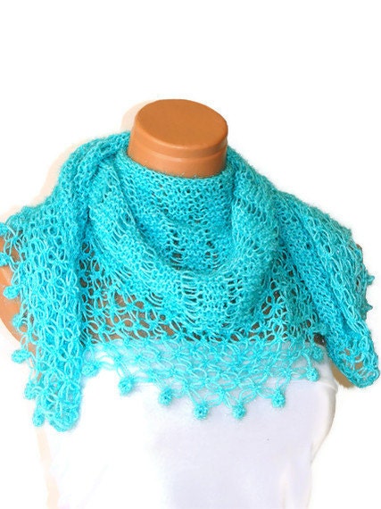 Hand knit silvery turquoise women shawl. Fashionable shawl. Personalized weave design. Stole, capelet, shawl for woman. February trends...