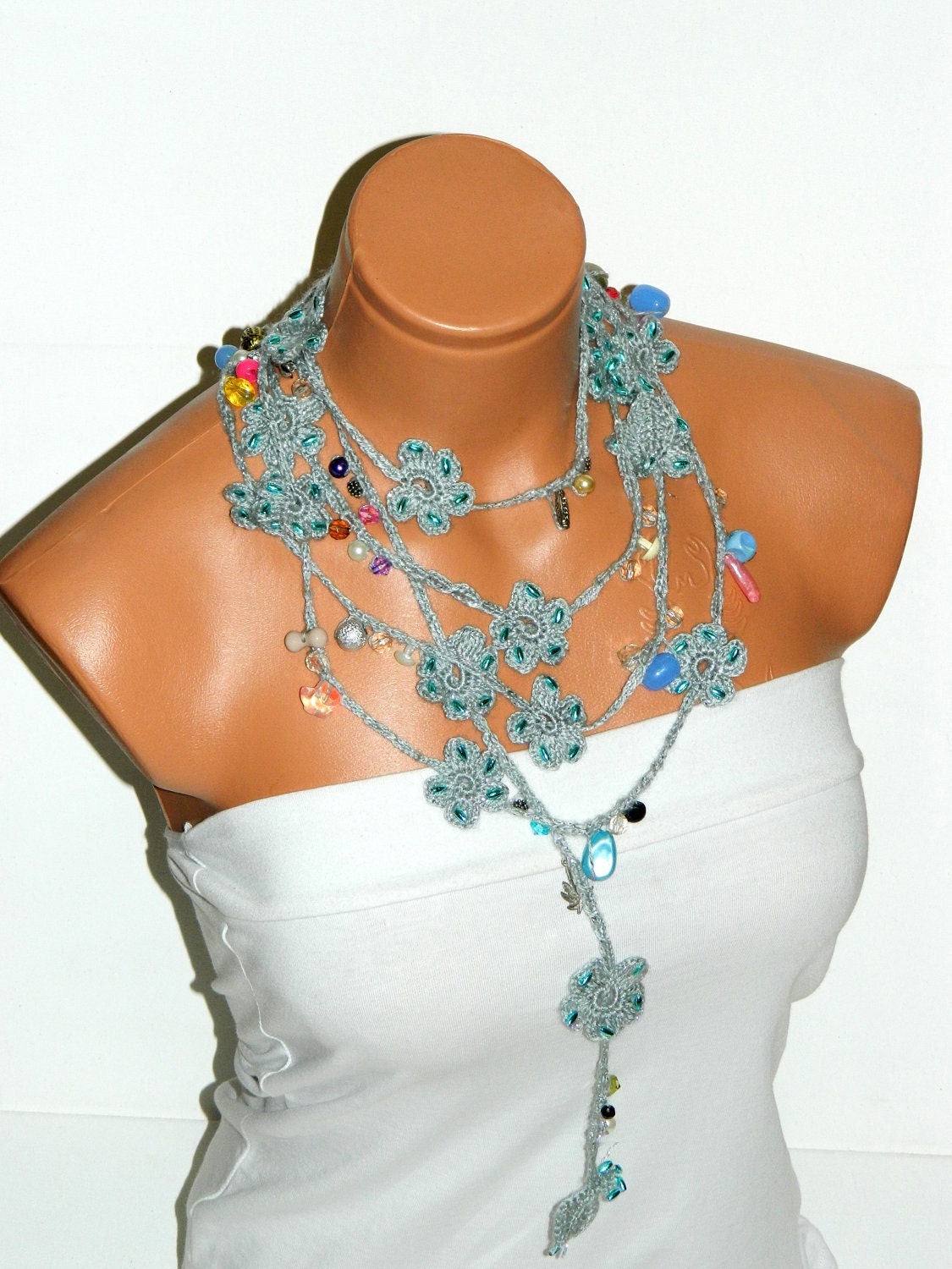 Crochet,gray, multicolor inlaid stones Flower Lariat Scarf. Fashion Flower Scarves, Necklace...