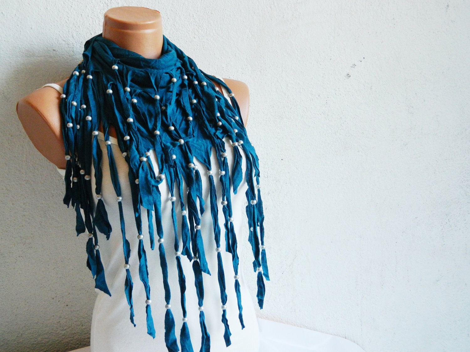 Teal Blue Fabric Fringed Scarf with Beads, Woman Scarves, Scarf, Accessory,
