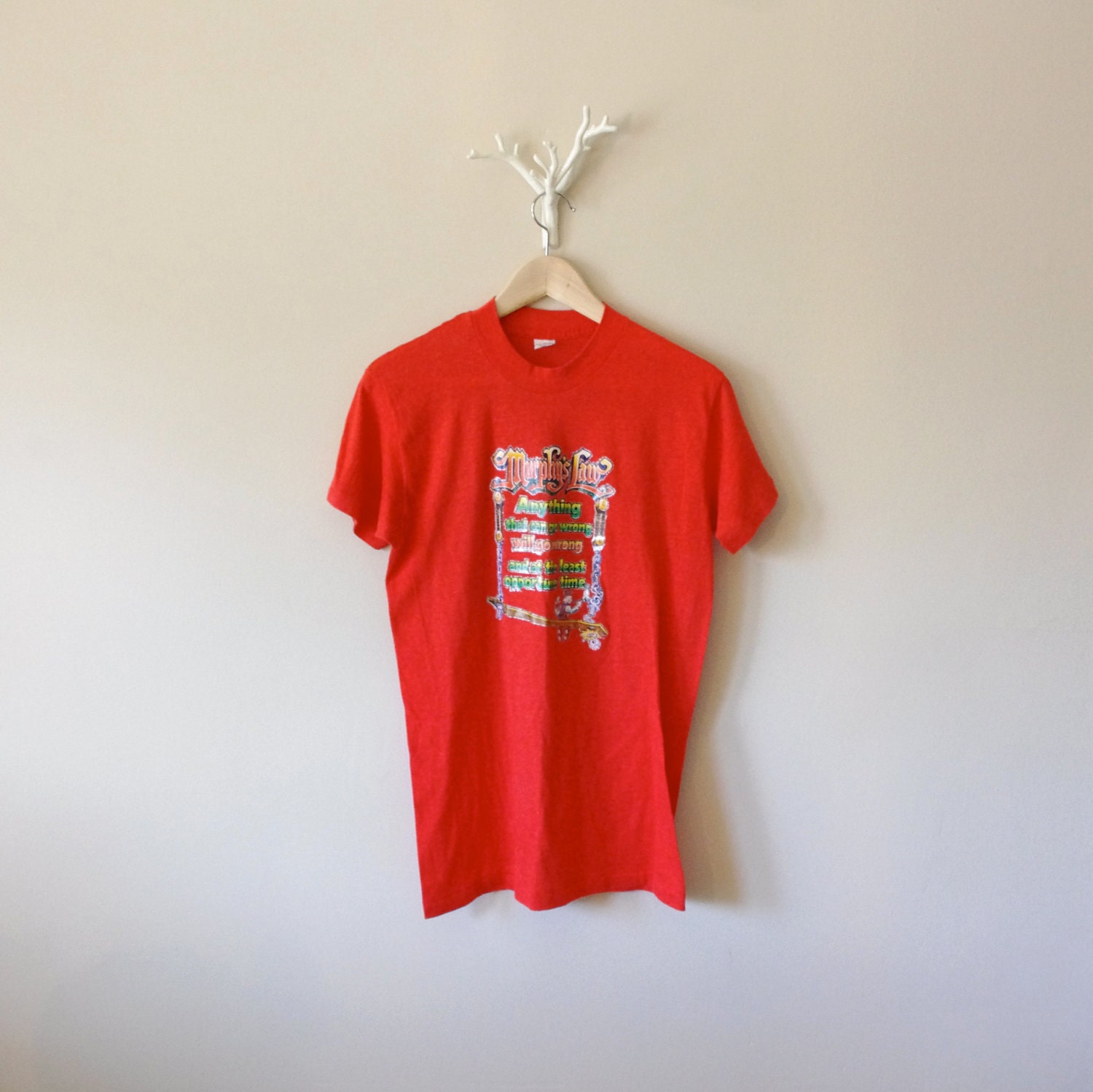 Murphy's Law T-Shirt - Iron On Decal - Red - Back to School - 1980's - Men's Size L 42 - 44 - Father's Day