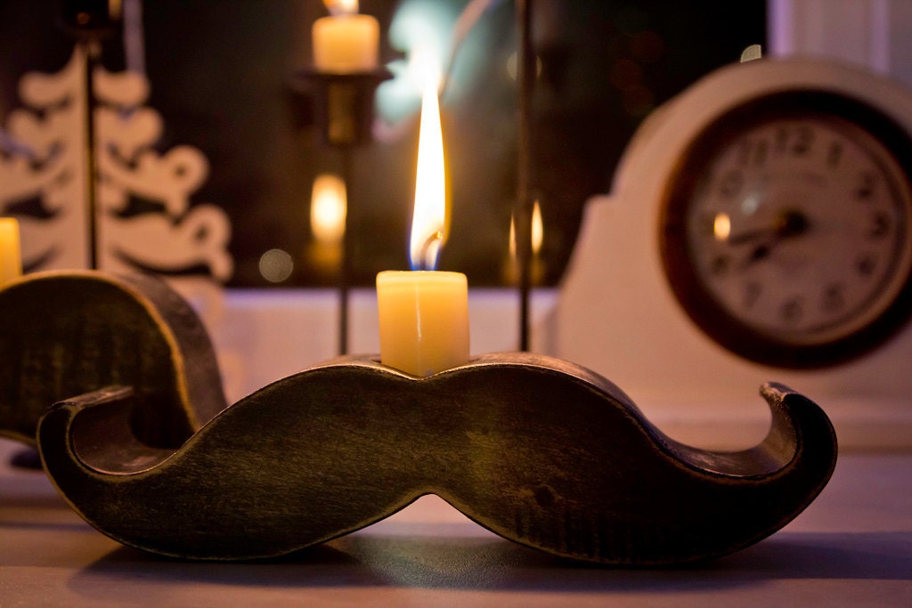 Moustache / mustache candle holder - Rodrigez - made out of solid wood hand sanded and painted with black acrylic paint