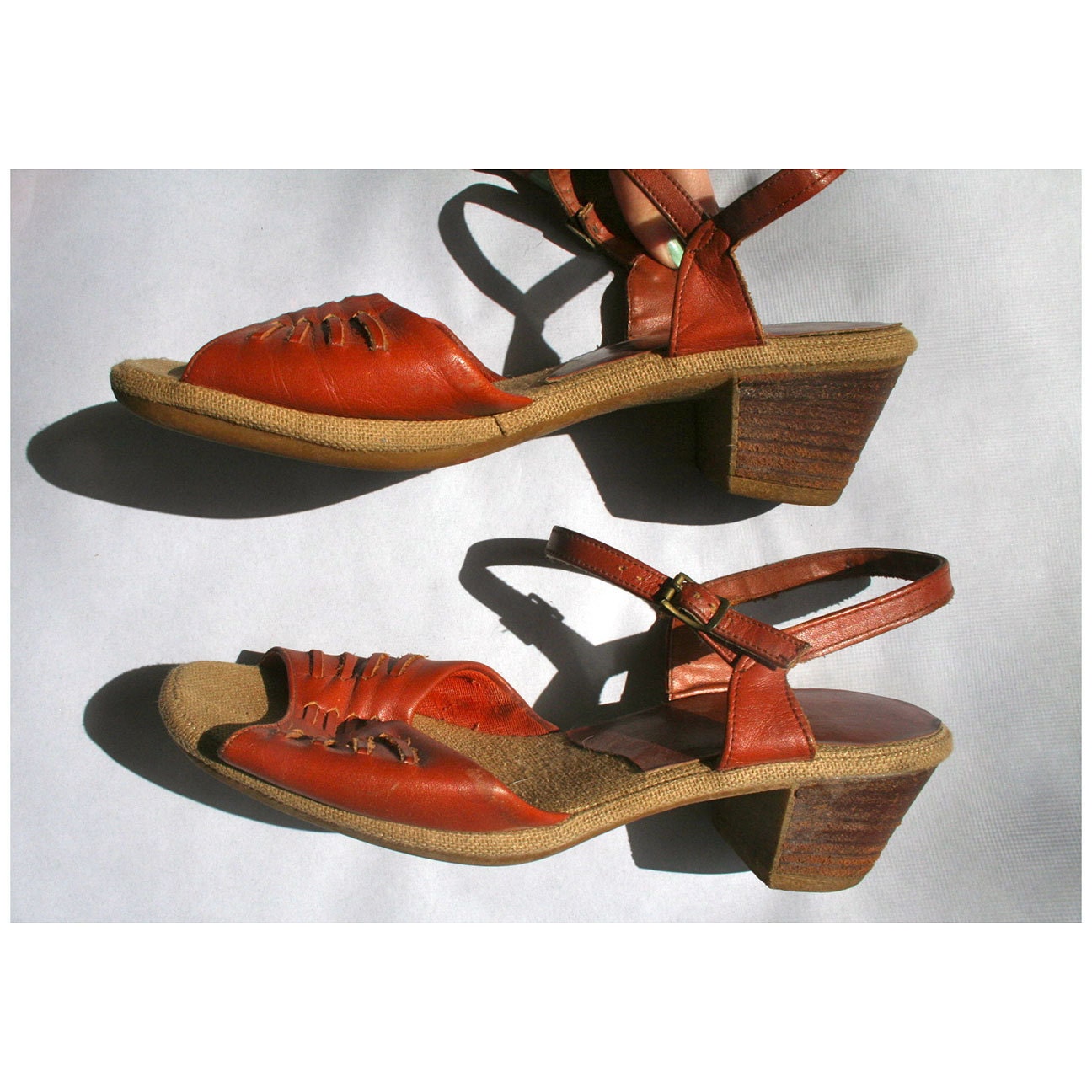 Vintage 70s Brown Leather and Wood Heeled Sandals sz 7.5