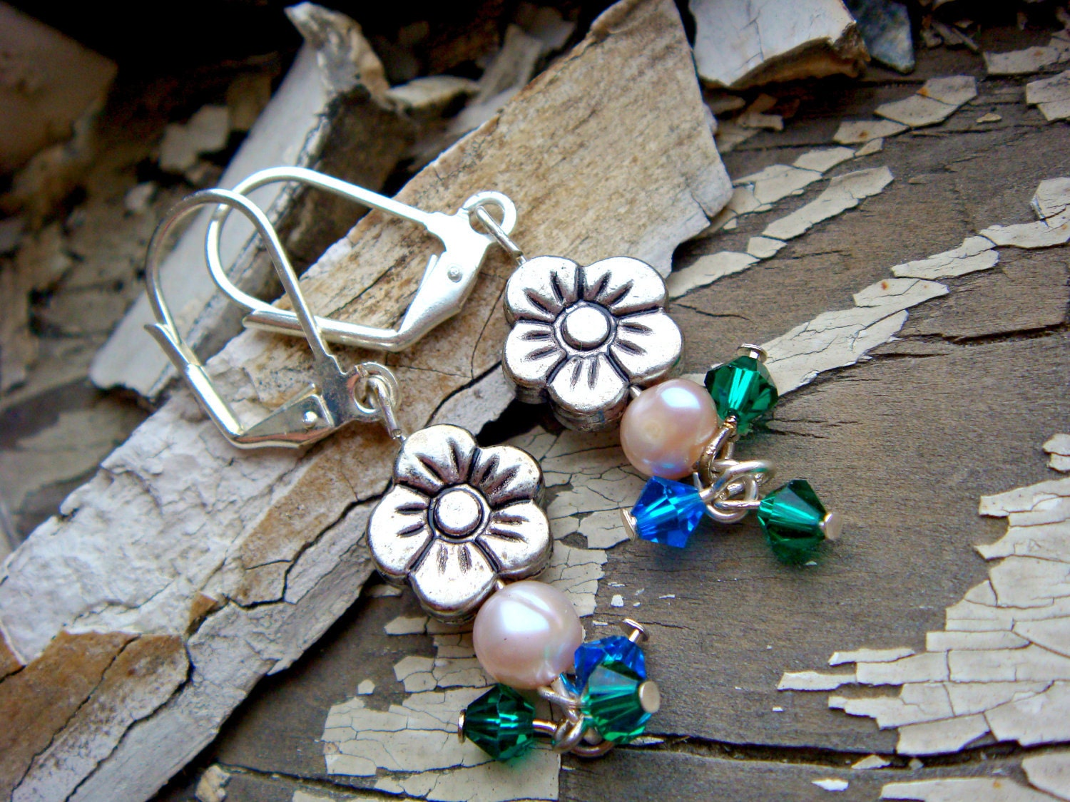 Pewter Flower Earrings with Freshwater Pearl and Swarovski Crystals