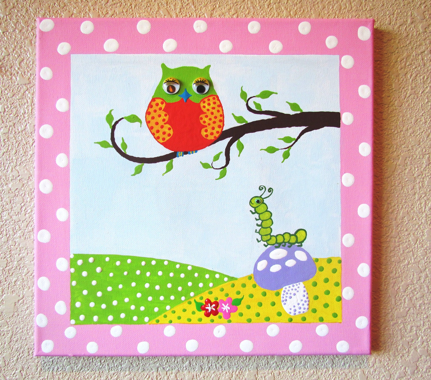 Wise OWL and Cute CATERPILLAR: Hand-painted Acrylic Painting on Canvas - for Kids nursery and/or playroom ...on a large 12 x 12 canvas