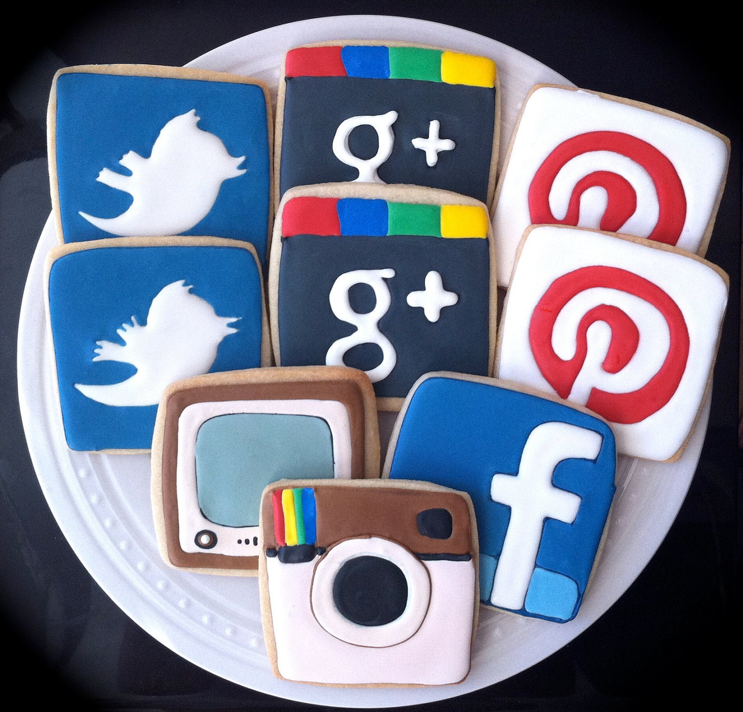 Social Media Addict Decorated Cookies- Icons for facebook, twitter, instagram, pinterest, google plus, youtube