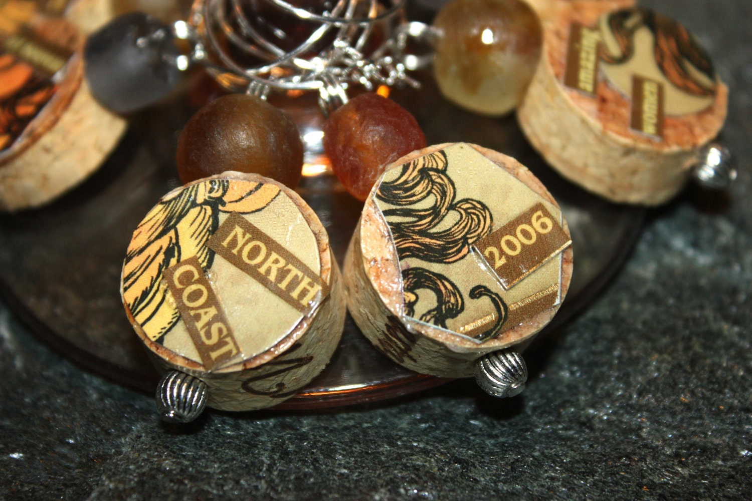 Wine Glass Charm Markers - Cork with Perfecta Wine Label