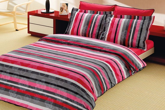 Custom Queen or Full Size Red and Black Striped Floral Print Duvet Cover Set , 3 pcs