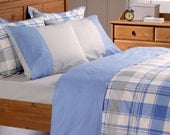 Custom Queen Size Blue and Grey Checked Plaid Printed Bedding Set