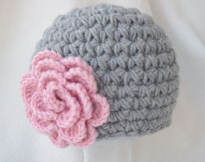 Baby girl Easter Hat, Beanie gray and pink flower Hat