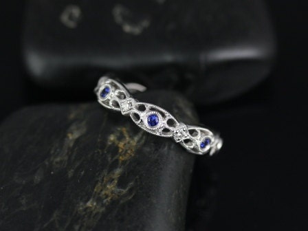 Lacy 14kt Vintage Style Laced Sapphire and Diamond Almost Eternity Band (Other Metals and Stone Options Available)