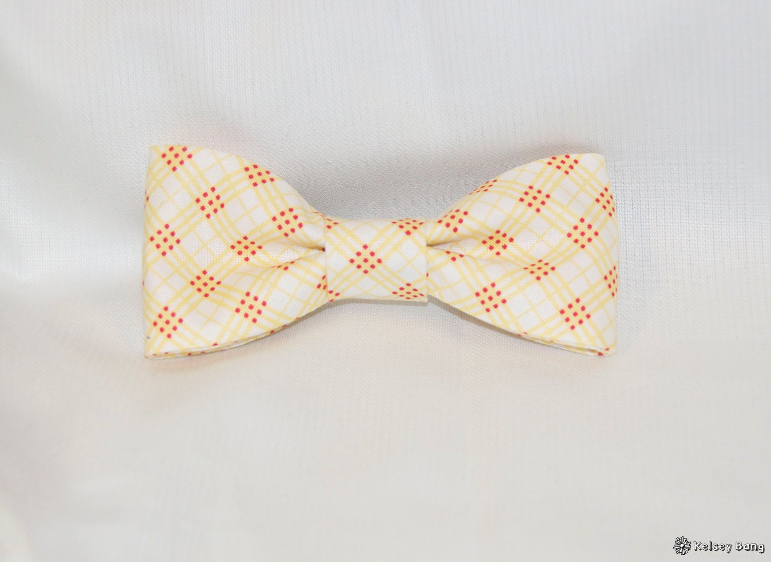 mens easy clip on bow tie - yellow, red white unique plaid pattern