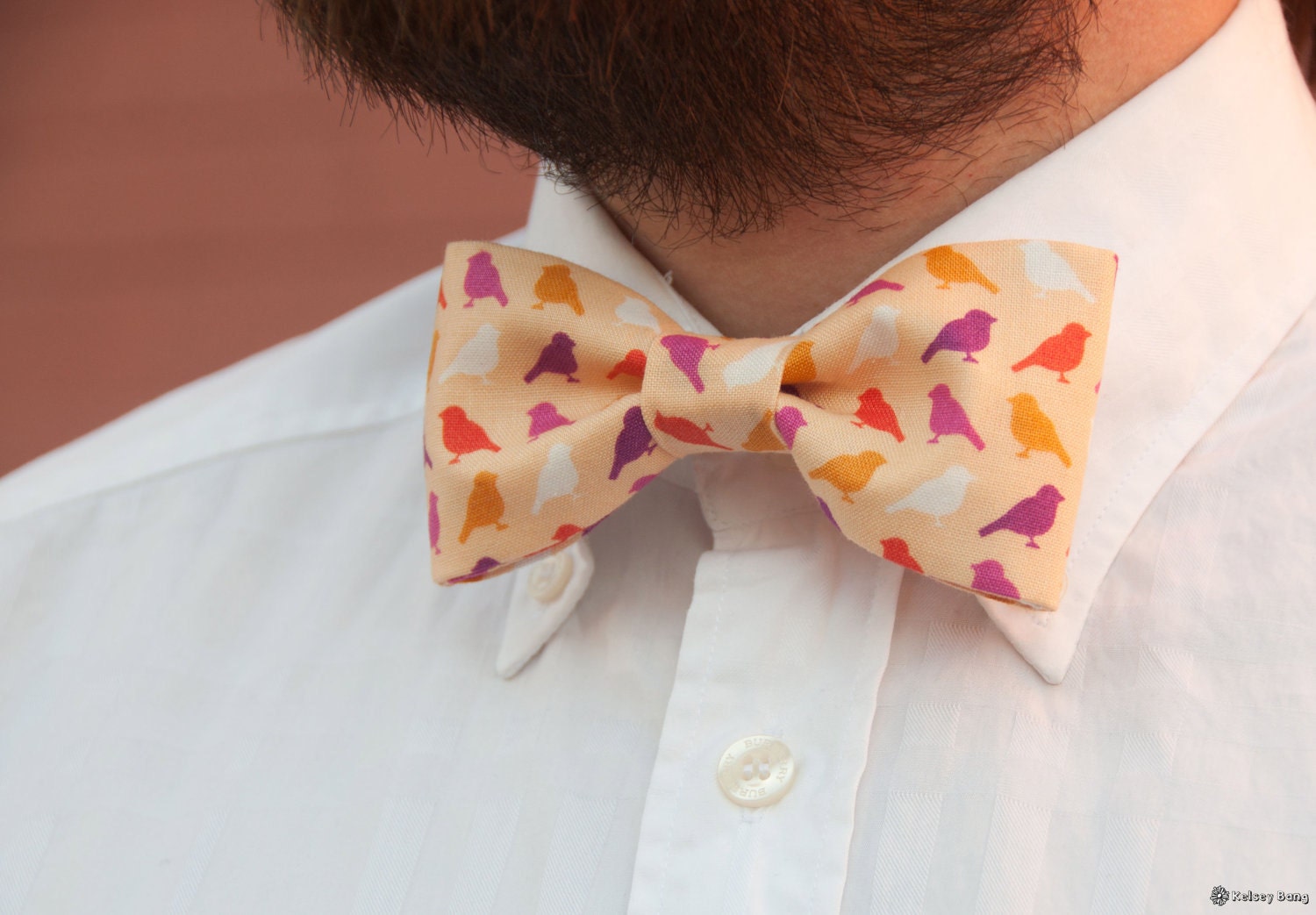 adult easy clip on bow tie - put a bird on it (peach, purple, hot pink, orange, white birds)