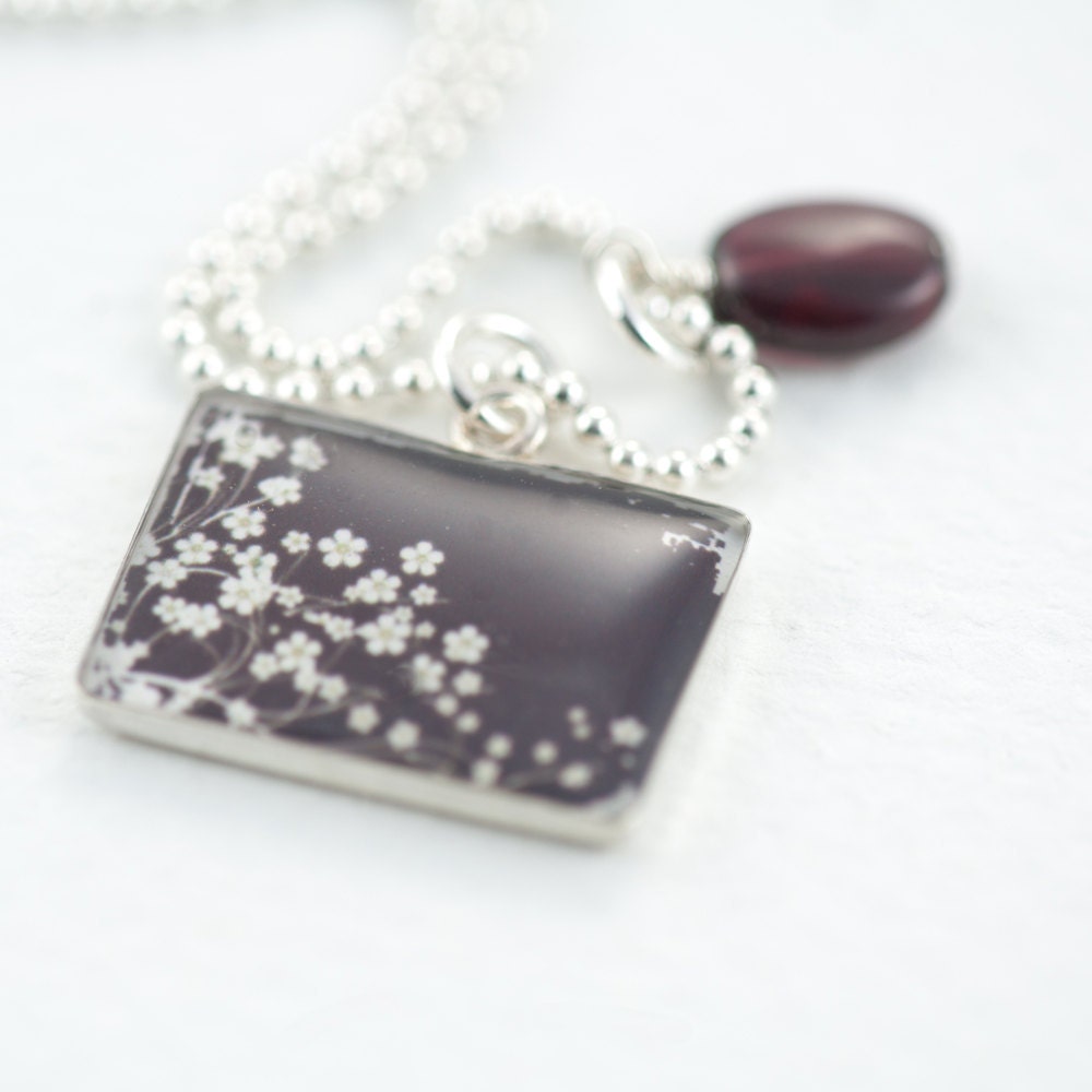 Purple Flower Necklace Sterling Vintage Flower Pendant Deep Purple White Blossoms