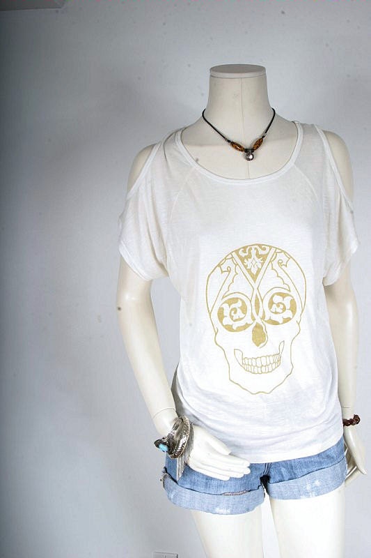 Women tshirt skull screen printed original illustration by Lynda D'Souza gold on white blouse top with should cut outs S small