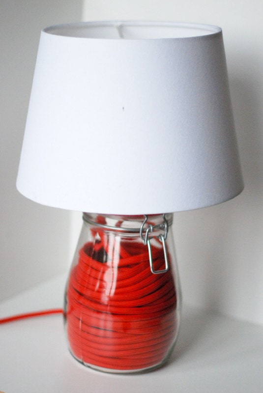 Preserving jar lamp with red textilcable