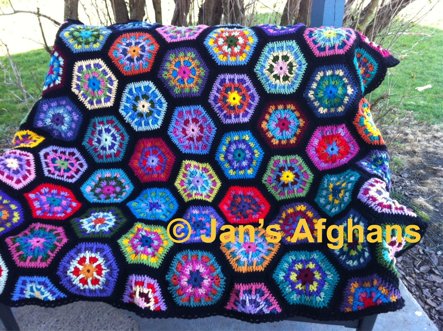 Crocheted afghan kaleidoscope hexagons multi-colored--MADE to ORDER