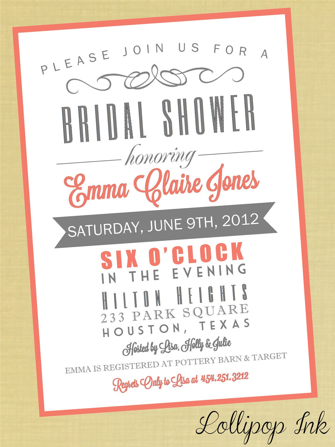 Bridal Shower Printable Party Invitation, Personalized Coral and Gray Bridal Shower Invite