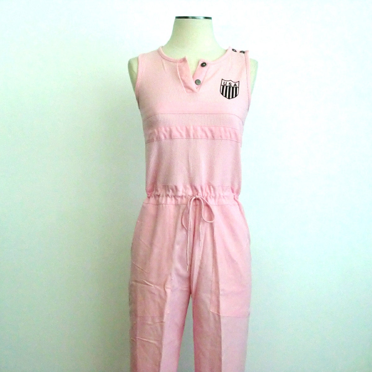 Vintage Pink Sport Jumpsuit Sleeveless Pant Overall Jumper USA Logo