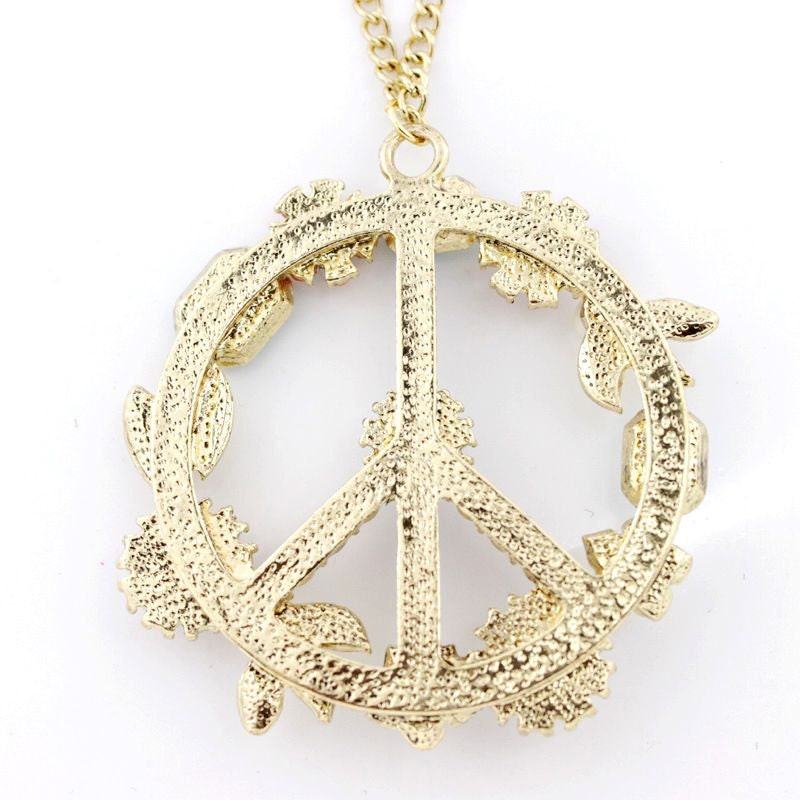 Vintage Beautiful Gold-tone Floral Peace Sign Pendant NECKLACE