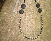 Dalmation Stone Necklace / Tan and Black / Black Onyx Discs / Black Crystals / Silver Chain - 25 1/2" long - N72