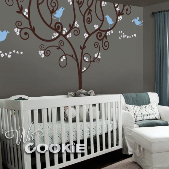 Artistic Swirly Tree with Birds - Nursery Wall Decal