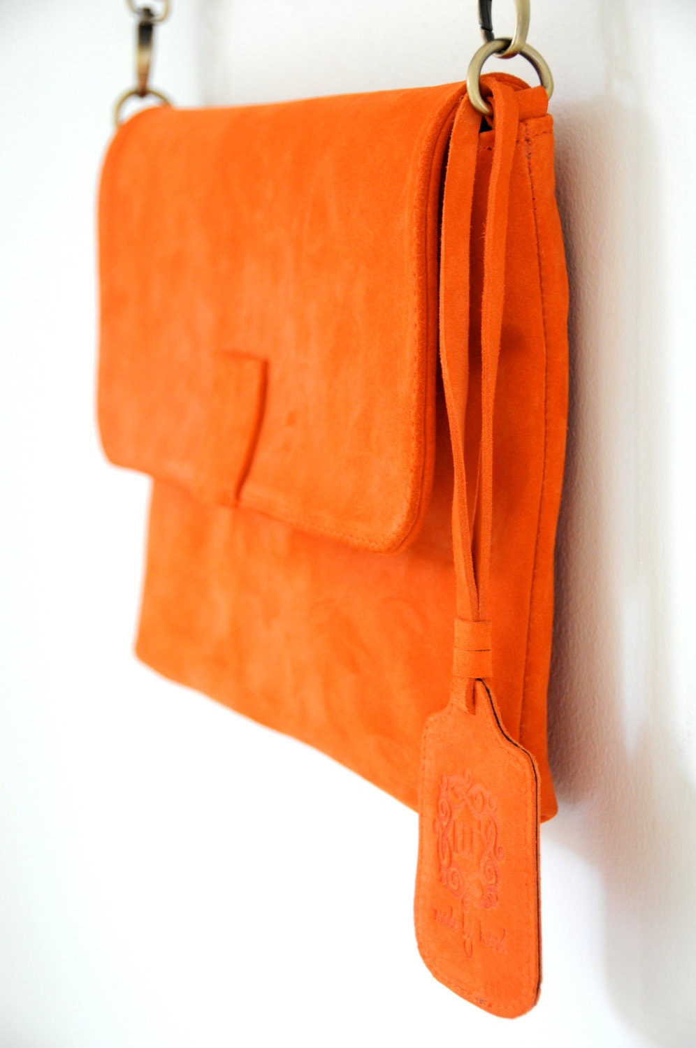 DUNE. Orange suede clutch / crossbody purse / shoulder bag / large clutch.
