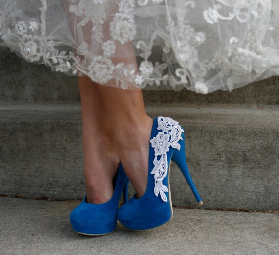 Turquoise Blue Bridal Heel With Venise Lace Applique.