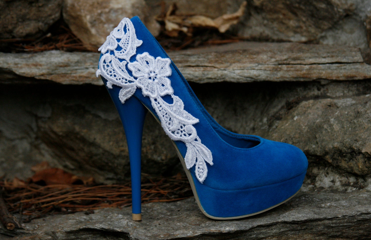 Turquoise Blue Bridal Heel With Venise Lace Applique.