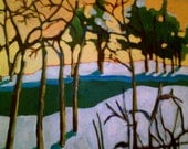Twisted River - Abstract acrylic landscape painting - Trees, river, winter, snow, sunset
