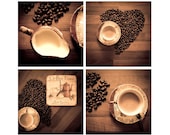 Still Life Photography, Kitchen Decor Photograph, Love Coffee, Set of Four Canvas or Photo Paper Fine Art Prints 4x4