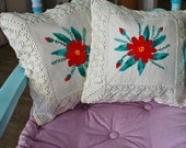 Set Of Two,Decorative Hand Embroidered Pillows, Vintage Pillows, Linen / Cotton Pillows, Handmade Lace Pillows, Floral Pattern Pillow
