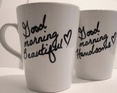 Latte mug couple set of 2 mugst- "Beautiful and Handsome" mug set perfect couple gift wedding gift, housewarming Gift